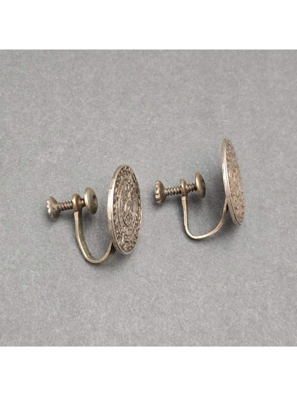 Vintage Taxco Far Fan Sterling Silver Aztec Sun Stone Earrings .75" Screw Back - Picture 5 of 10